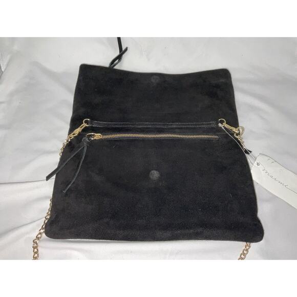 NWT MARMI BLACK SUEDE QUILTED FOLD OVER PURSE HANDBAG CLUTCH GOLD CHAIN - Picture 4 of 12